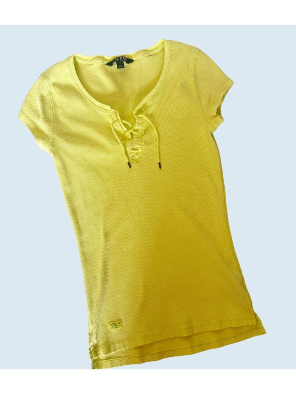 LAUREN RALPH LAUREN Chartreuse Neon Yellow Green Lace Up Ribbed Slim Top Sz S